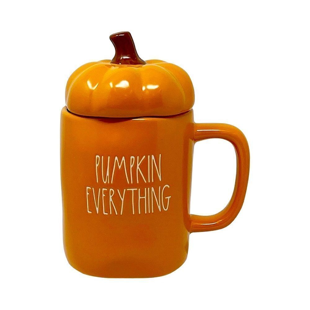 Rae Dunn PUMPKIN EVERYTHING Mug w/Pumpkin Topper Orange Halloween Ceramic NWT